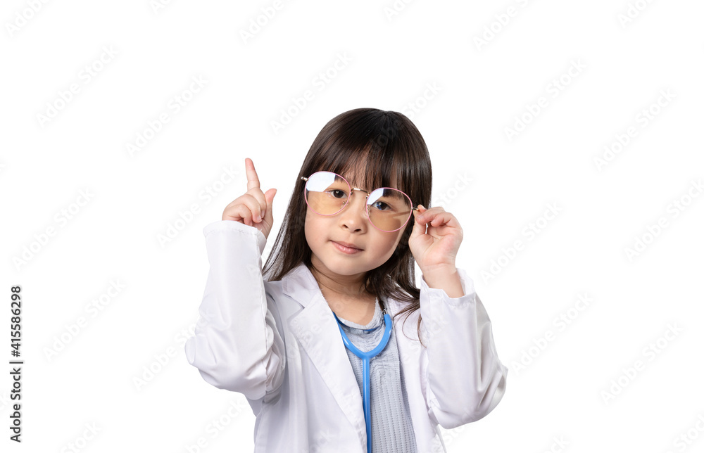 Smiling asian girl wearing glasses in medical uniform with stethoscope in conjunction with pointing to empty place on background, Healthcare and medical concept, isolated on white background with clip Smiling asian girl wearing glasses in medical uniform with stethoscope in conjunction with pointing to empty place on background, Healthcare and medical concept, isolated on white background with clip