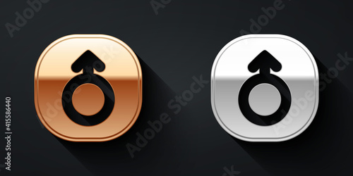 Gold and silver Mars symbol icon isolated on black background. Astrology, numerology, horoscope, astronomy. Long shadow style. Vector.