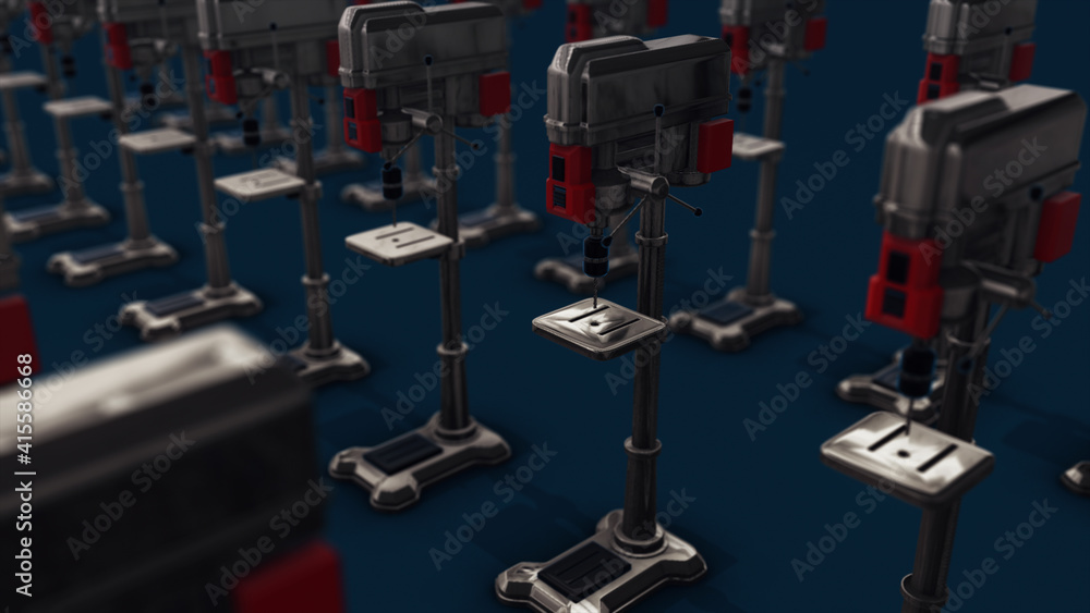 3d rendered illustration of A lot of Industrial drill press in a row. High quality 3d illustration 3d rendered illustration of A lot of Industrial drill press in a row. High quality 3d illustration