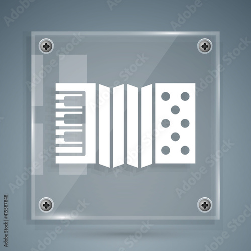 White Musical instrument accordion icon isolated on grey background. Classical bayan, harmonic. Square glass panels. Vector.