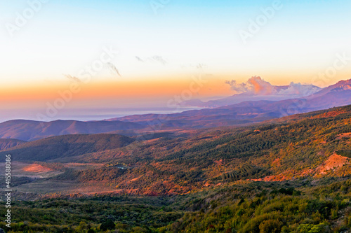 sunrise over the hills and the sea in crimea on an autumn morning