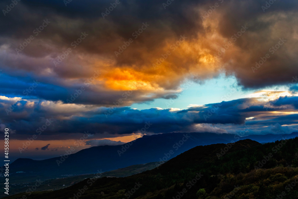 sunset over the hills in crimea on an autumn evening