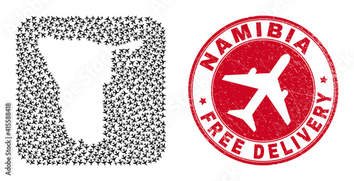 Vector mosaic Namibia map of airplane items and grunge Free Delivery stamp. Mosaic geographic Namibia map constructed as subtraction from rounded square with shipping airplanes.