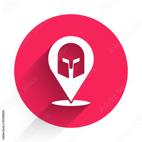 White Greek helmet icon isolated with long shadow. Antiques helmet for head protection soldiers with a crest of feathers or horsehair. Red circle button. Vector.