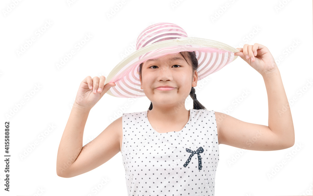 Adorable little girl wearing elegant hat isolated on white background. Adorable little girl wearing elegant hat isolated on white background.