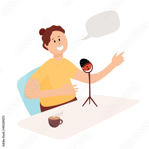 Vector illustration of a young guy recording an audio podcast. The radio host has his own heading.