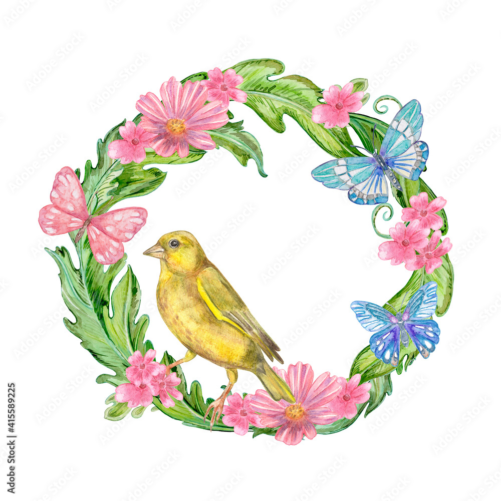 floral wreath with butterflies and clever yellow bird. watercolor painting floral wreath with butterflies and clever yellow bird. watercolor painting