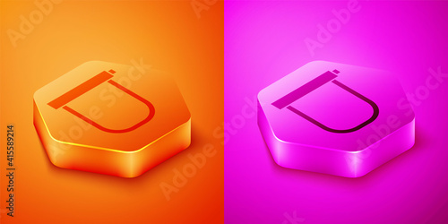 Isometric Bicycle lock U shaped industrial icon isolated on orange and pink background. Hexagon button. Vector.