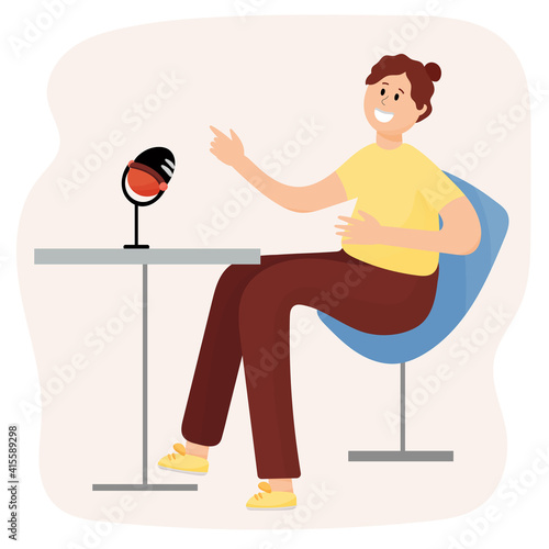 Vector illustration of a young guy speaking into a microphone, recording an audio podcast. The radio host has his own heading.