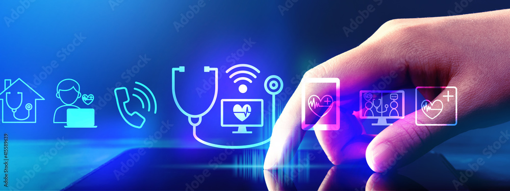 Telemedicine theme with hand pressing tablet computer screen Telemedicine theme with hand pressing tablet computer screen