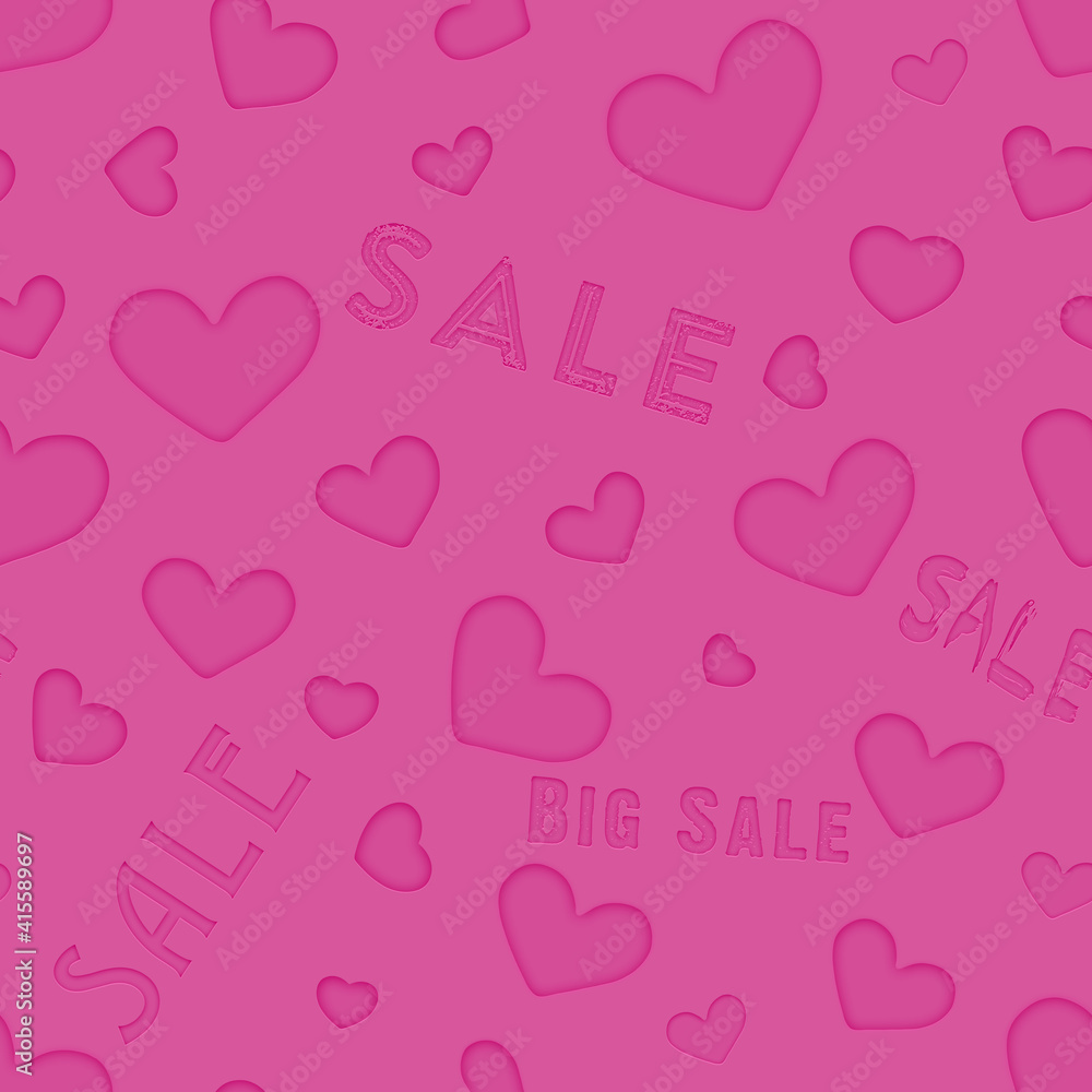 Seamless square background, heart and the word SALE. Blue text on a blue background. Seamless background concept for design and sales, advertising