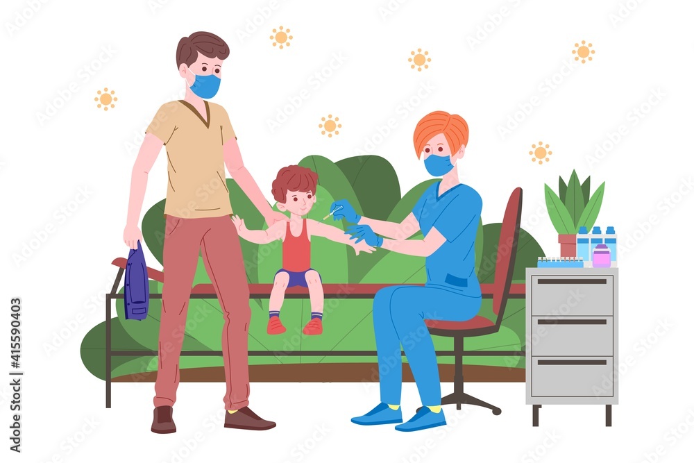Vaccination concept for immunity health. Vaccine anti Covid-19. Doctors makes an injection of antivirus vaccine to kids and inviting next. Child healthcare, coronavirus, prevention and immunize.