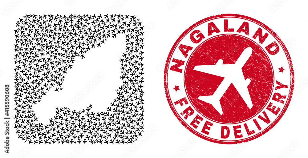 Vector mosaic Nagaland State map of air force items and grunge Free Delivery seal stamp. Vector mosaic Nagaland State map of air force items and grunge Free Delivery seal stamp.