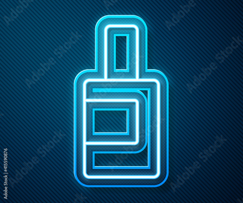 Glowing neon line Plastic bottle for laundry detergent, bleach, dishwashing liquid or another cleaning agent icon isolated on blue background. Vector.