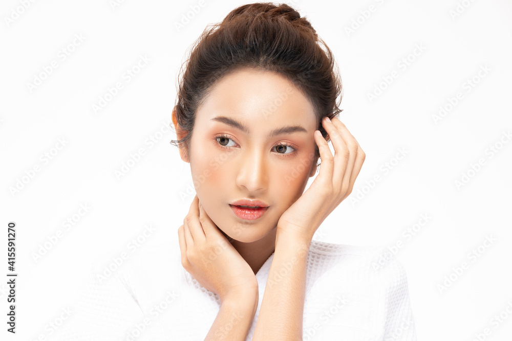 Beautiful Asian woman touching soft cheek smile with clean and fresh skin Happiness and cheerful with positive emotional,isolated on white background,Beauty Cosmetics and spa Treatment Concept Beautiful Asian woman touching soft cheek smile with clean and fresh skin Happiness and cheerful with positive emotional,isolated on white background,Beauty Cosmetics and spa Treatment Concept