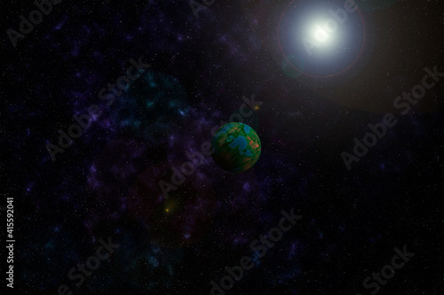 Space view of the starry sky with nebula and planets. © Yurii