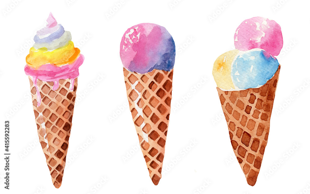 Watercolor illustration set of delicious ice cream Watercolor illustration set of delicious ice cream