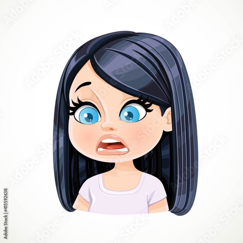 Beautiful cartoon brunette girl fear emotion portrait isolated on white background