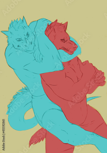 Illustration of two strong anthropomorphic animals fighting. One is choking the other from behind.