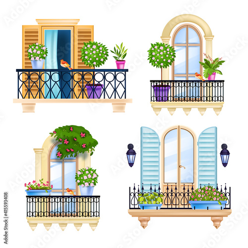 Vector house window, balcony facade spring set, blossom trees, birds, green home plants. Old town vintage architecture arch element collection isolated on white. Classic balcony window front view