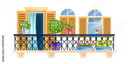 House balcony, old town vector facade window architecture illustration, railing, wooden shutters, bird, home plants. Vintage city street exterior front view, blossom bushes. European balcony windows