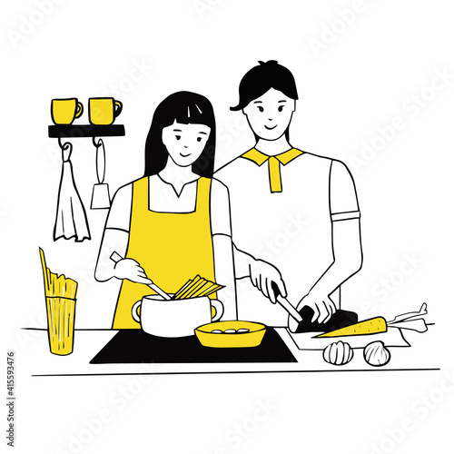 Young couple cooking together in the kitchen. Woman cooks spaghetti for pasta, man chops vegetables. Love and relationships, household chores together. Line art, vector illustration