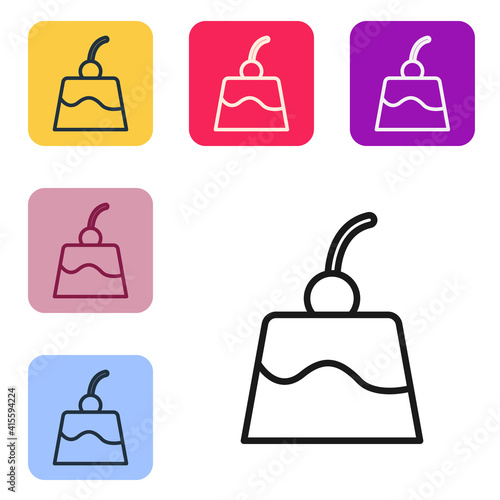 Black line Pudding custard with caramel glaze icon isolated on white background. Set icons in color square buttons. Vector.