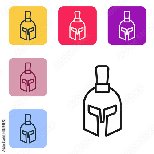 Black line Greek helmet icon isolated on white background. Antiques helmet for head protection soldiers with a crest of feathers or horsehair. Set icons in color square buttons. Vector.