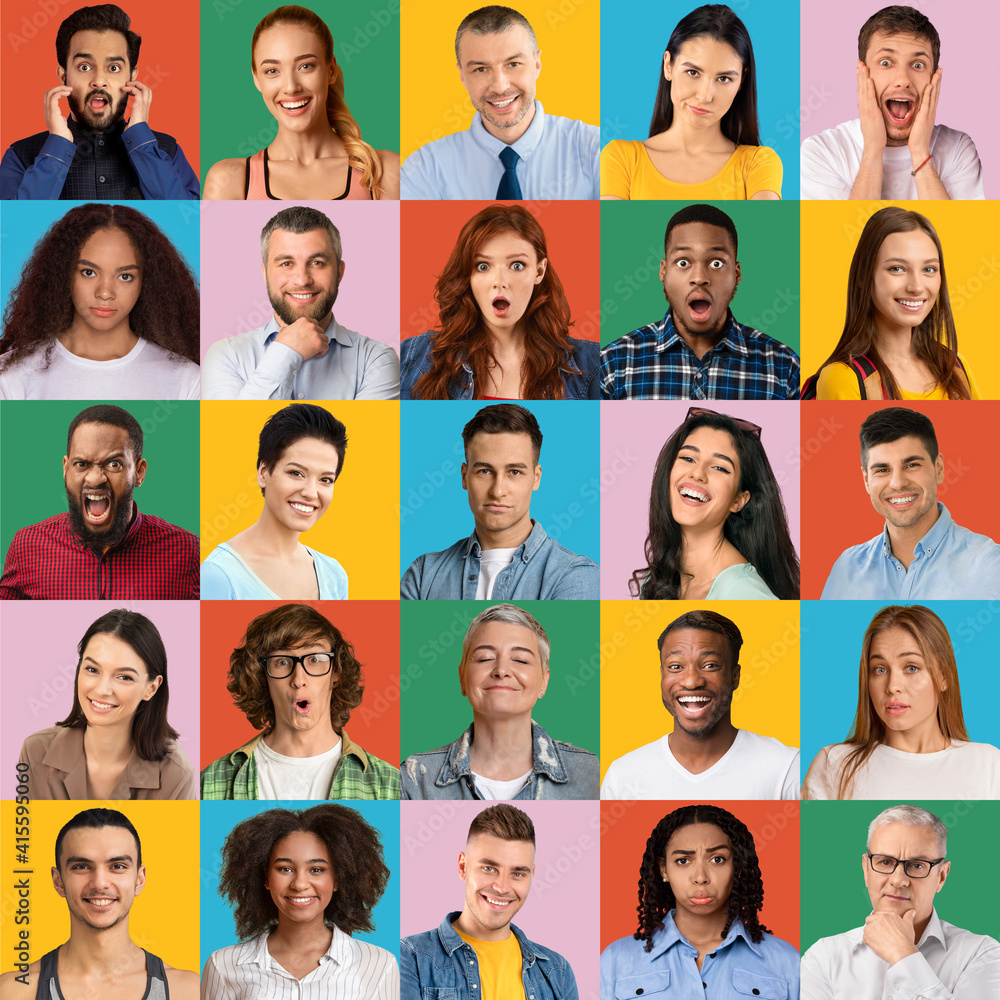 © Prostock-studio - Collage of diverse people expressing different emotions, mosaic set