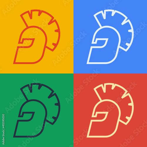 Pop art line Greek helmet icon isolated on color background. Antiques helmet for head protection soldiers with a crest of feathers or horsehair. Vector.