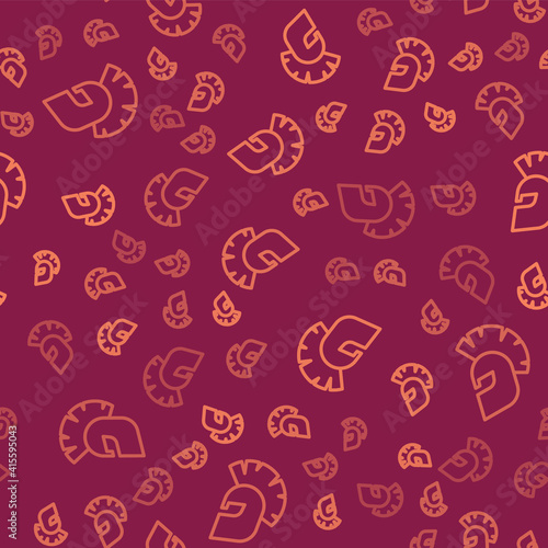 Brown line Greek helmet icon isolated seamless pattern on red background. Antiques helmet for head protection soldiers with a crest of feathers or horsehair. Vector.