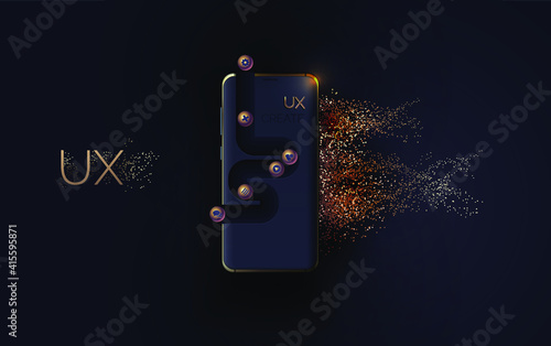 Mobile ui ux, korbon and gold concept. Mobile phone with a mobile app interface consisting of blocks and icons on a black background. User experience, User interface. Vector illustration 3D style.