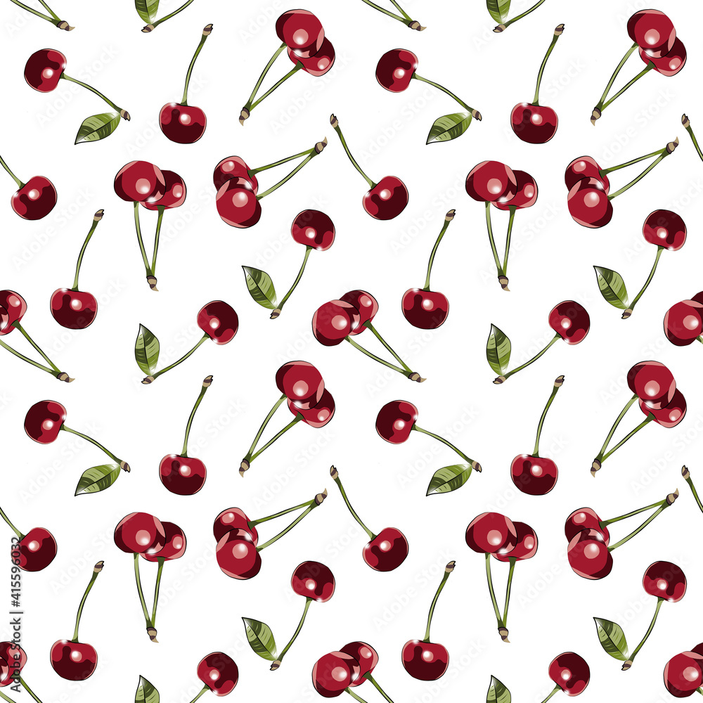 Color seamless pattern of cherries on a white background. Color seamless pattern of cherries on a white background.