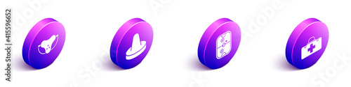 Set Isometric Protective sport jockstrap, Mallet for playing air hockey, Air hockey table and First aid kit icon. Vector.