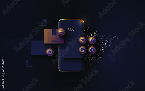 Mobile ui ux, korbon and gold concept. Mobile phone with a mobile app interface consisting of blocks and icons on a black background. User experience, User interface. Vector illustration 3D style. photo