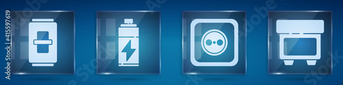 Set Electric light switch, Battery, Electrical outlet and Fuse. Square glass panels. Vector.