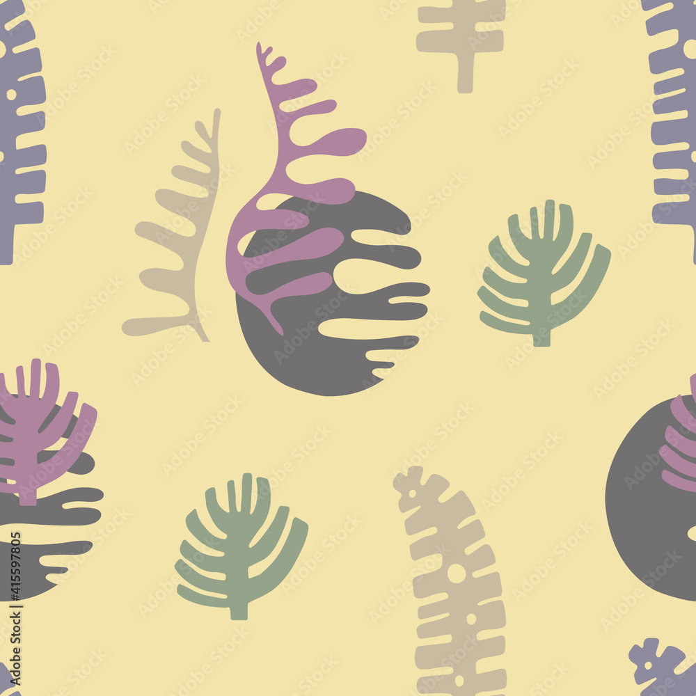 Seamless trendy abstract pattern with elements of nature, geometric and free shapes. Spring mood. Suitable for fabrics, bedding, wallpaper, decor Seamless trendy abstract pattern with elements of nature, geometric and free shapes. Spring mood. Suitable for fabrics, bedding, wallpaper, decor