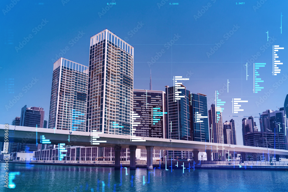 Skyscrapers of Dubai business downtown. International hub of trading and financial services of Western Asia. FOREX graph and chart concept. Double exposure. Dubai Canal waterfront.