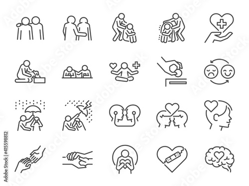 Empathy line icon set. Included the icons as cheer up, friend, support, emotion, mental health, and more.