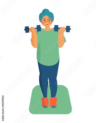 Eldery woman doing exercises with dumbbells Workout at home Cartoon illustration