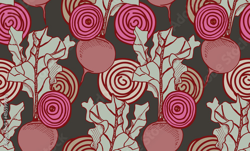 Beets with tops and in the cut. Seamless vector pattern.