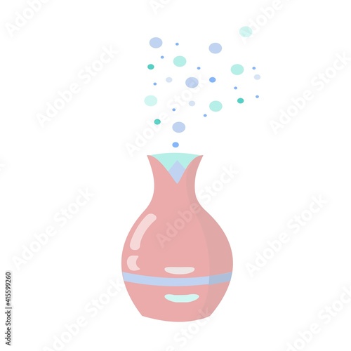 Pink green humidifier with outgoing steam cartoon isolated illustration.