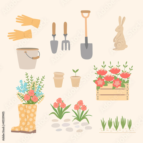 A set of garden tools and equipment. Garden supplies, shovel, bucket, flower bed, boots, gloves, flowers, hare figure.