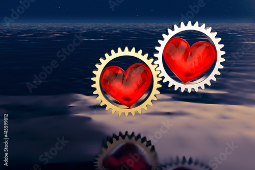 3D Illustration als Konzept für eine harmonische Partnerschaft und Liebe dargestellt mittels silbernen und goldenen Zahnrädern und roten Herzen 