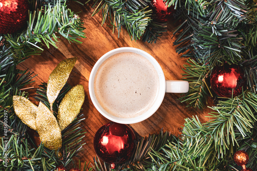 Hot chocolate placed with Christmas decorations Hot chocolate placed with Christmas decorations