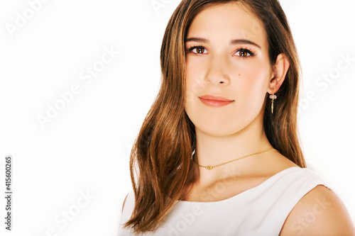 Close up portrait of young pretty woman on white background, brown hair, perfect skin, soft makeup