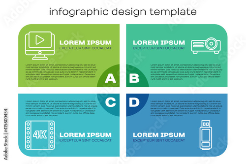 Set line 4k movie, tape, frame, Online play video, USB flash drive and Movie, film, media projector. Business infographic template. Vector.