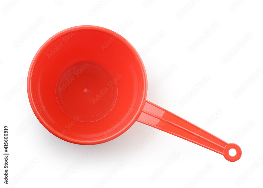 Top view of red plastic water ladle Top view of red plastic water ladle