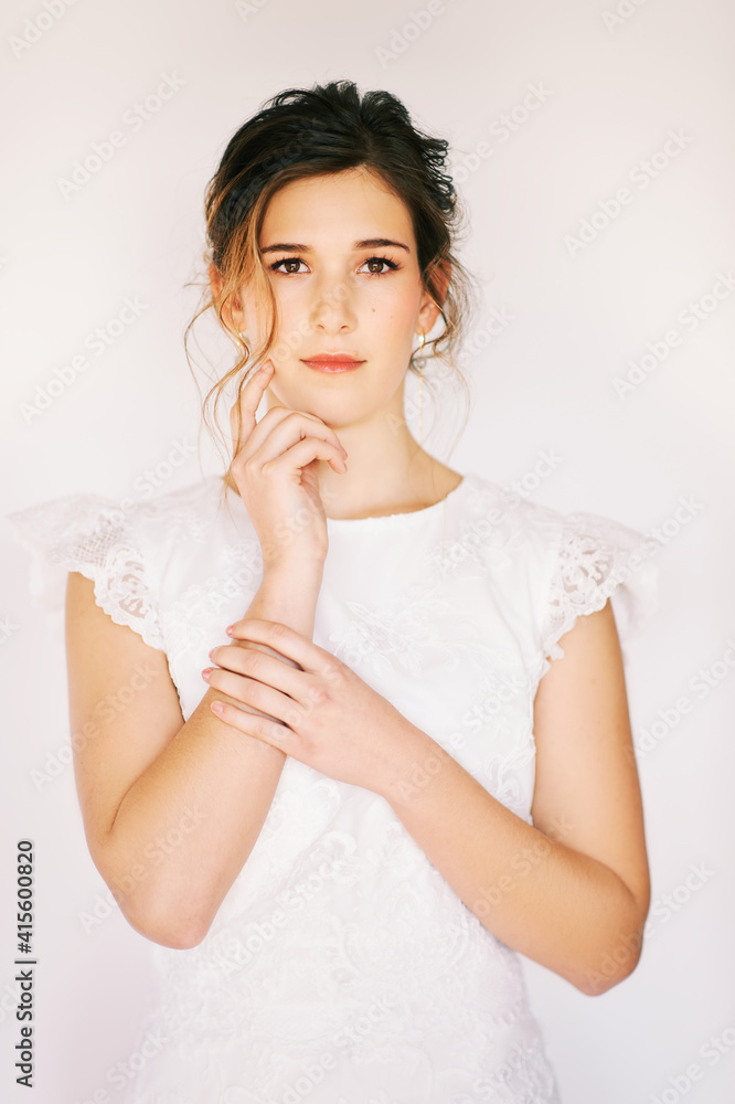 Tender portrait of romantic young girl wearing lace dress Tender portrait of romantic young girl wearing lace dress