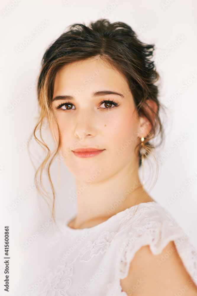 Tender portrait of romantic young girl wearing lace dress Tender portrait of romantic young girl wearing lace dress